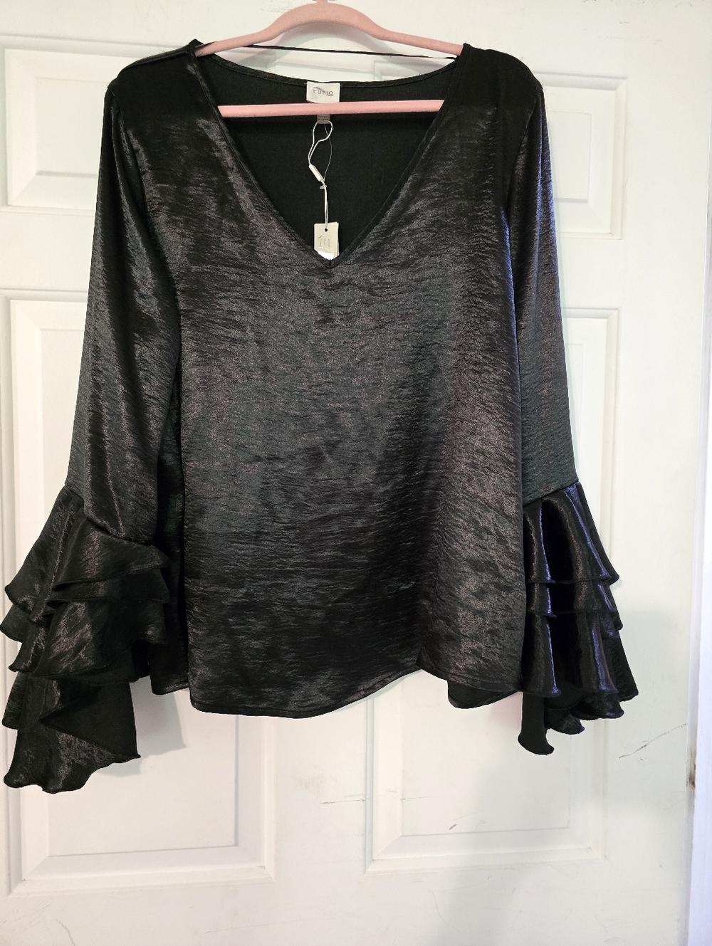 Cupio Black Shimmer V-Neck Ruffle Sleeve Blouse